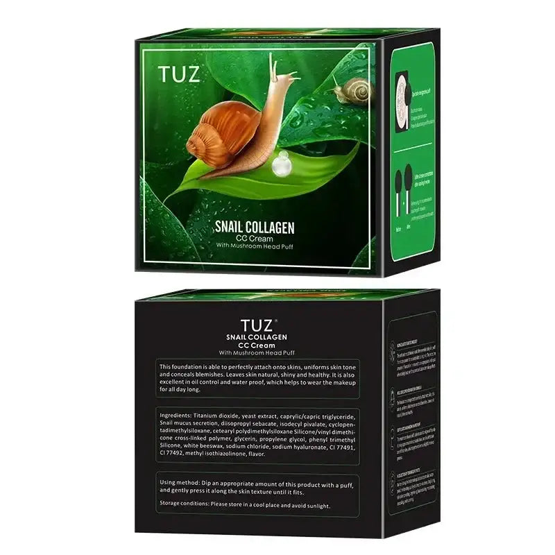 Snail collagen cream product packaging featuring a green box with a snail on a leaf.