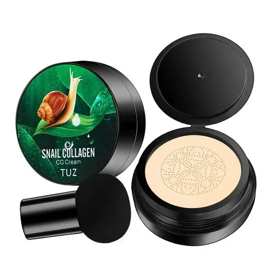 Compact makeup powder with snail collagen branding on the lid.