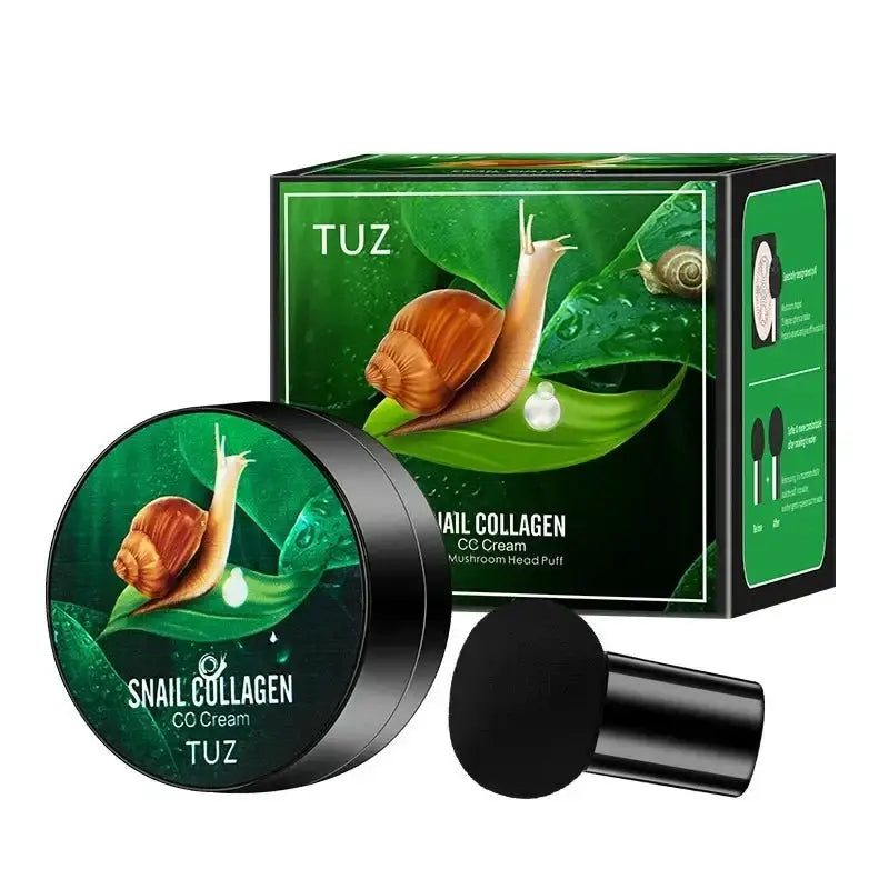 Snail collagen skincare product set featuring a green box and round container with snail imagery.