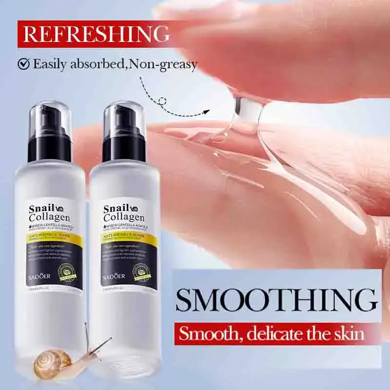 Skincare product bottles labeled ’Snail Collagen’ with a hand applying cream in the background.