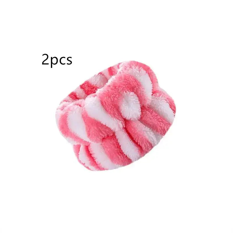 Fluffy pink and white striped scrunchie hair tie.