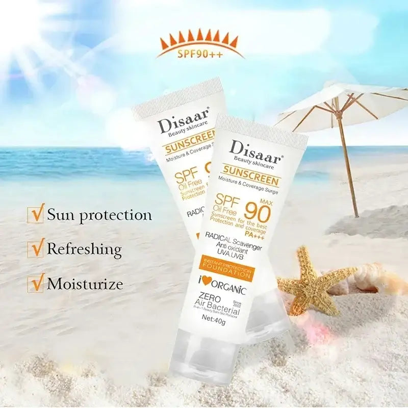 Sunscreen product tube labeled ’Disaar’ with SPF 90 protection.