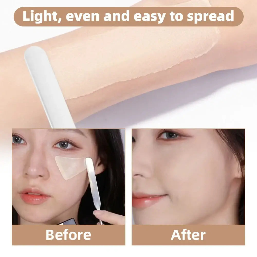 Makeup applicator or concealer stick being used on a person’s face, shown in before and after photos demonstrating its effect on skin appearance.