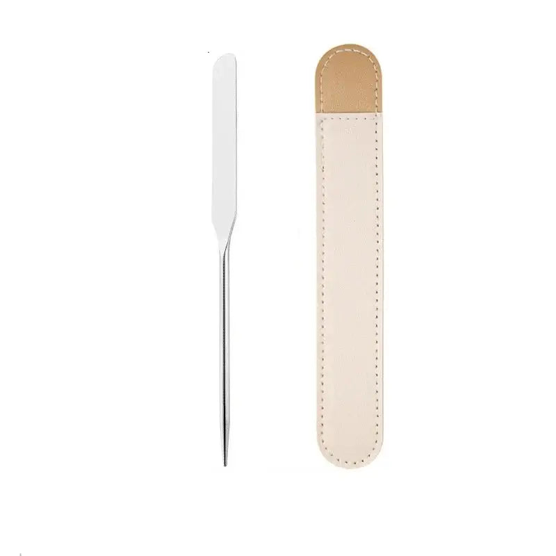 Metal nail file with a beige leather protective sleeve.