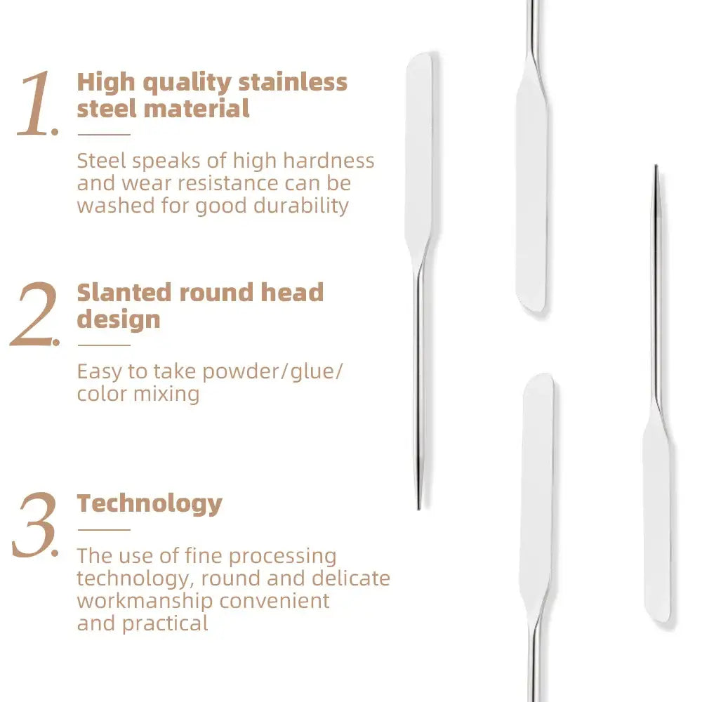 Stainless steel mixing tools with slanted round heads for cosmetic or craft applications.