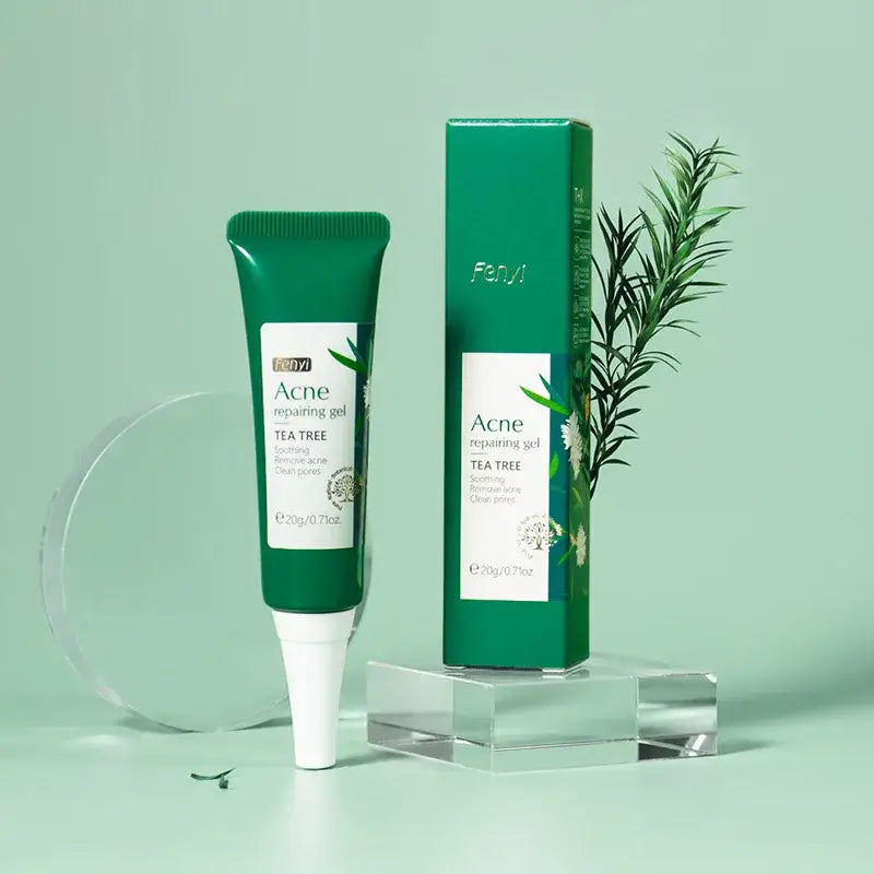 Acne treatment gel tube and packaging with tea tree ingredient.