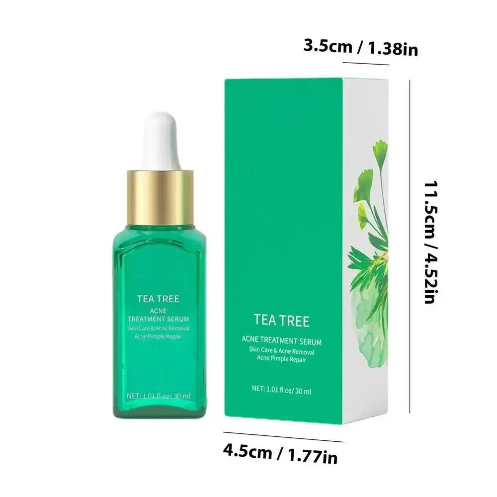 Green glass bottle of tea tree serum with dropper cap and product packaging.