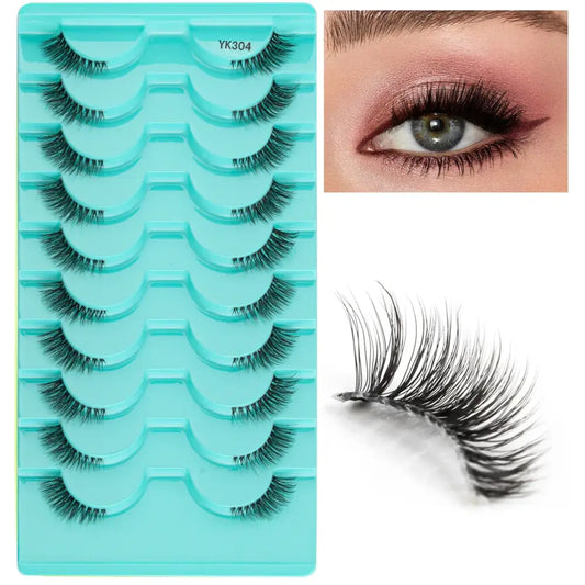 Set of false eyelashes in a teal plastic tray.