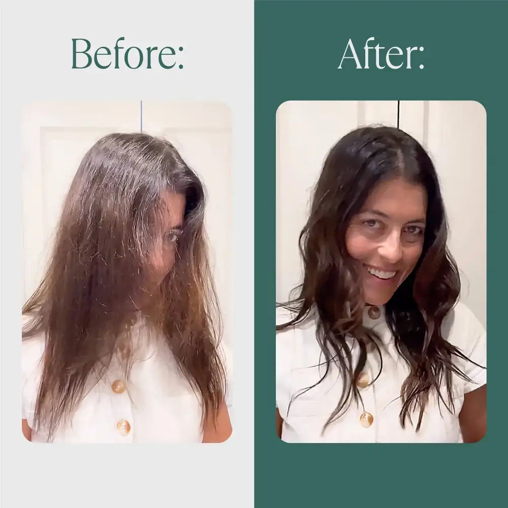 Before and after comparison of a woman’s hair transformation.