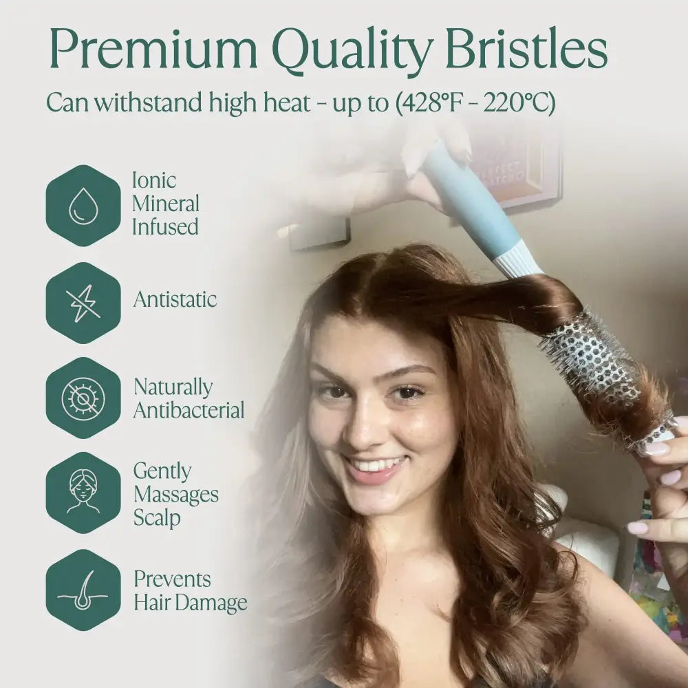 Hair brush with premium quality bristles designed for heat styling.