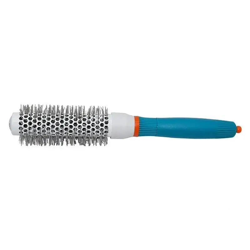 Round hair brush with a blue and orange handle and metal bristles.