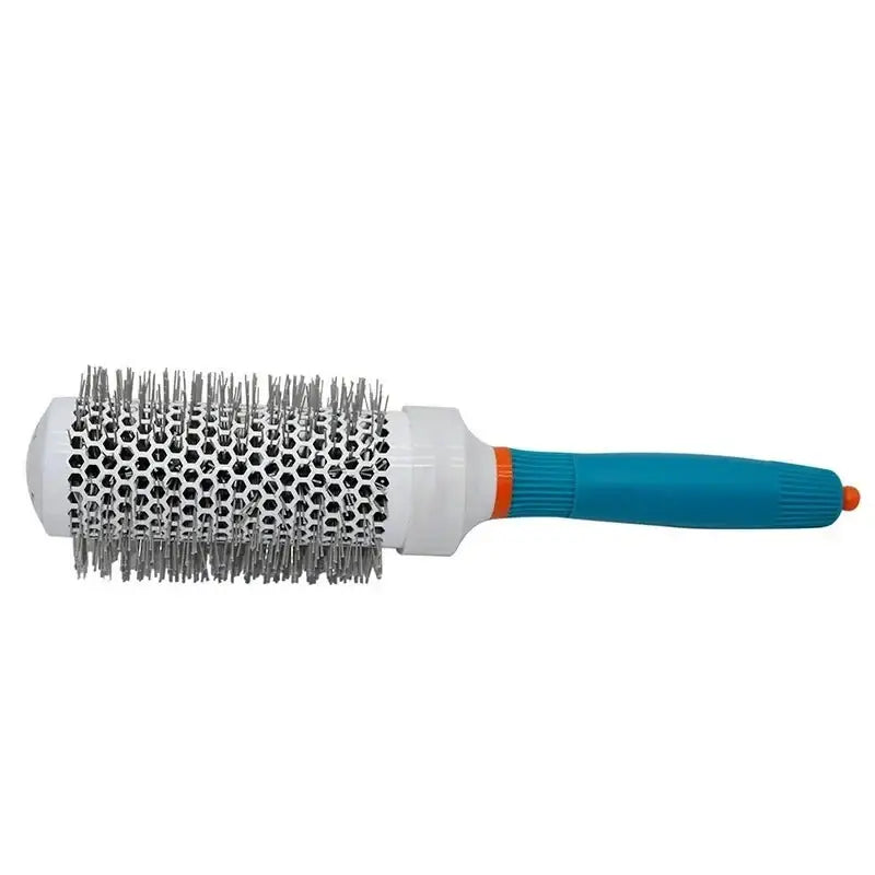 Round hair brush with a blue and orange handle and metal bristles.