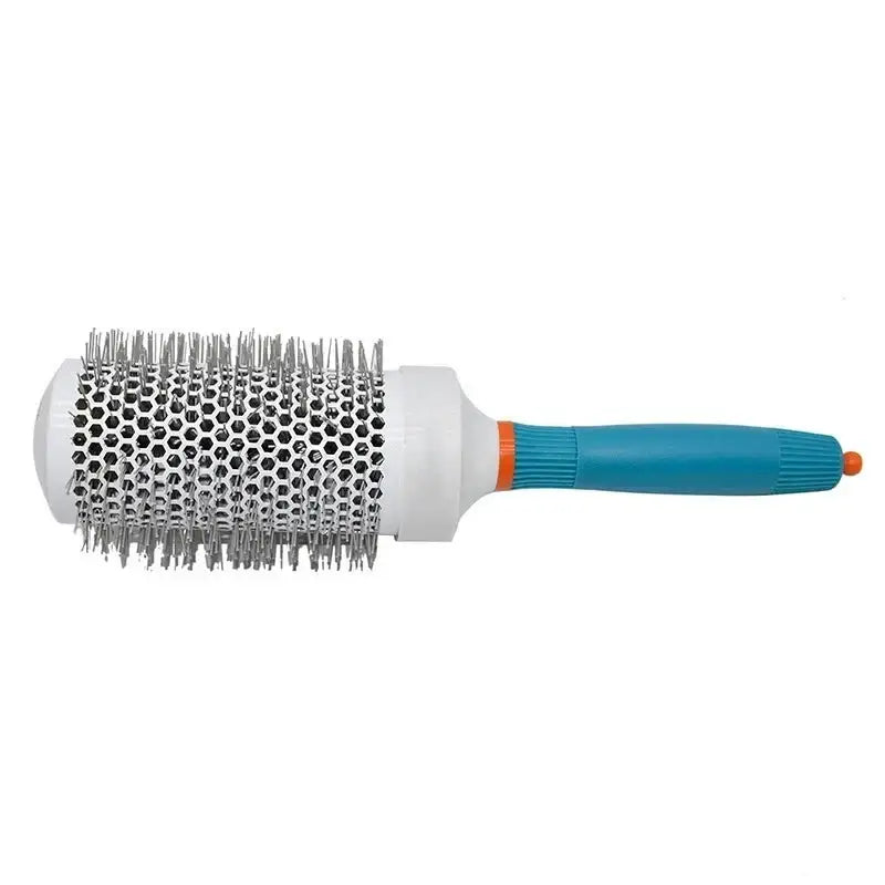 Round hair brush with a blue and orange handle and metal bristles.