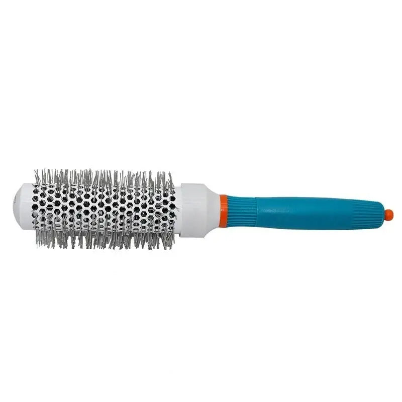 Round hair brush with a blue and orange handle and metal bristles.