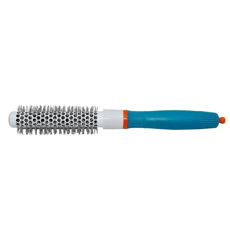 Round hair brush with a blue and orange handle and metal bristles.