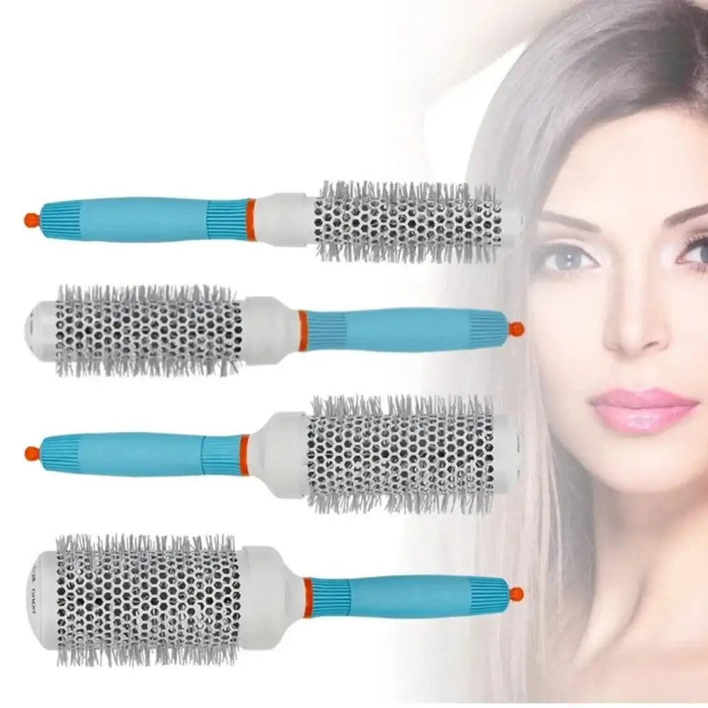 Round hair brushes with blue handles and metal bristles.