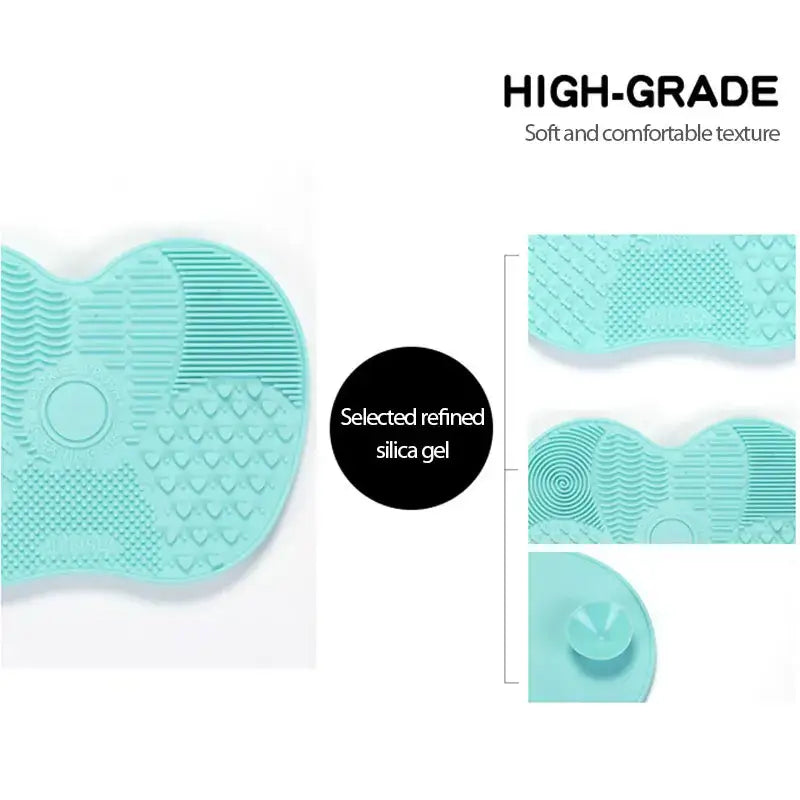 Teal silicone makeup brush cleaning pad with various textured surfaces.