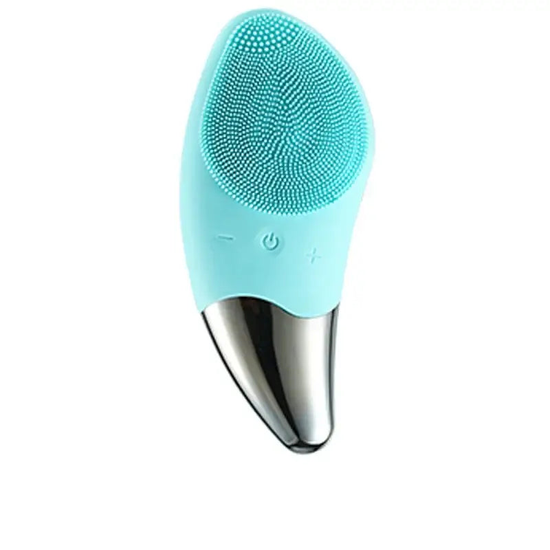 Teal silicone facial cleansing brush with a metallic silver handle.