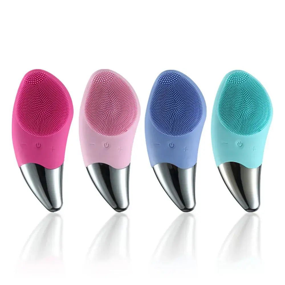 Colorful silicone facial cleansing brushes with metallic bases.