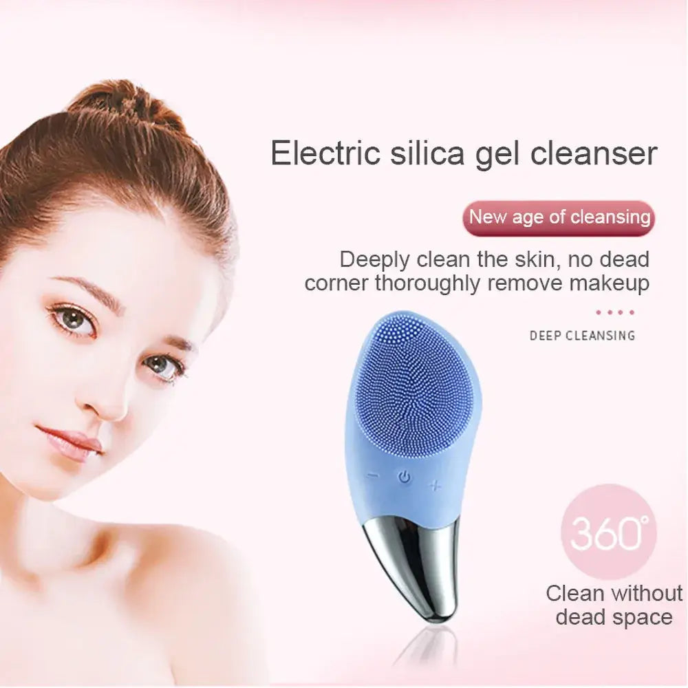 Electric silica gel facial cleansing device with a blue silicone brush head and metallic base.