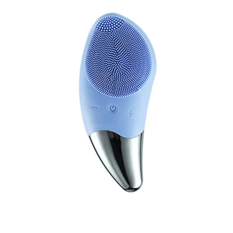 Light blue facial cleansing brush with a silver metallic base.