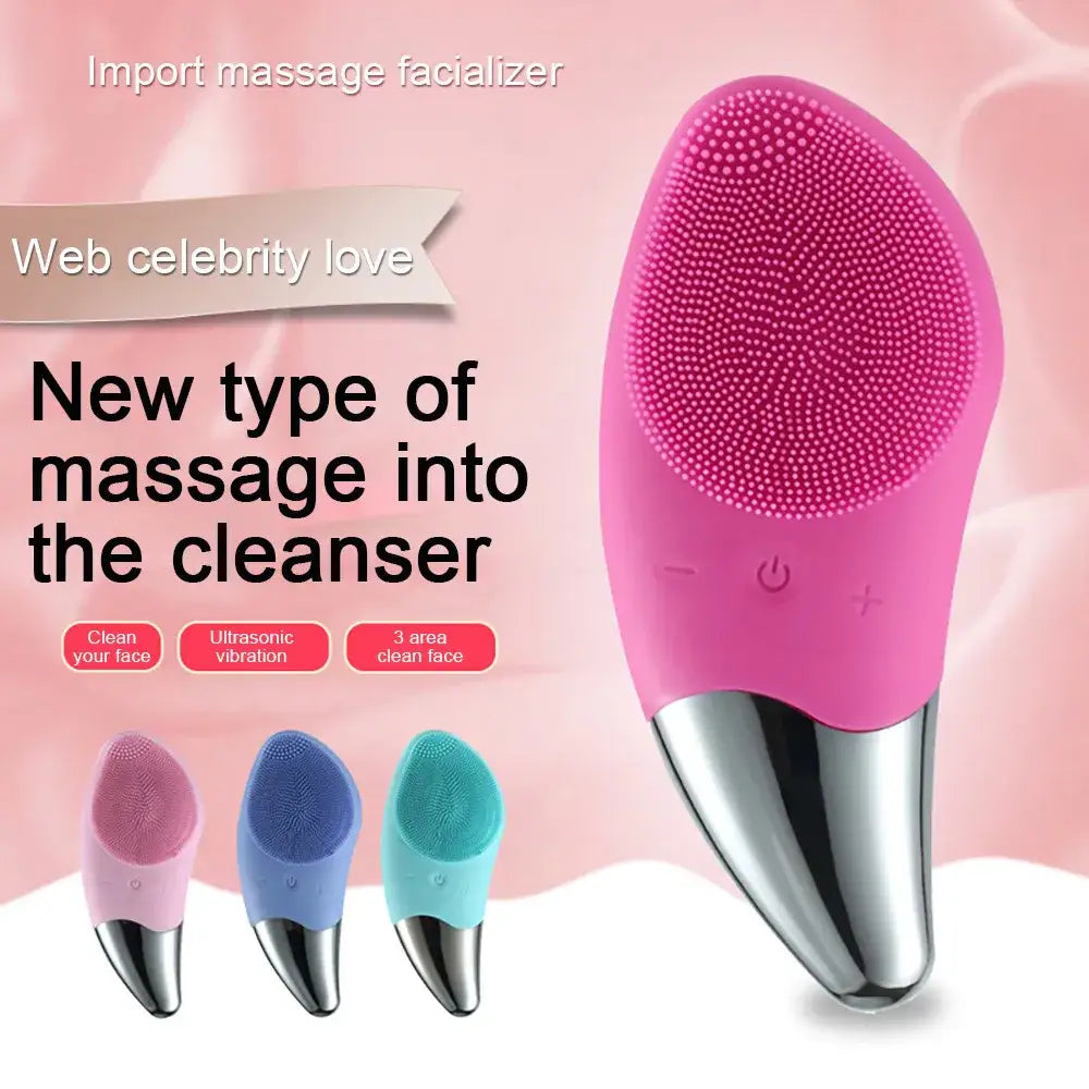 Pink silicone facial cleansing brush with a metallic base.