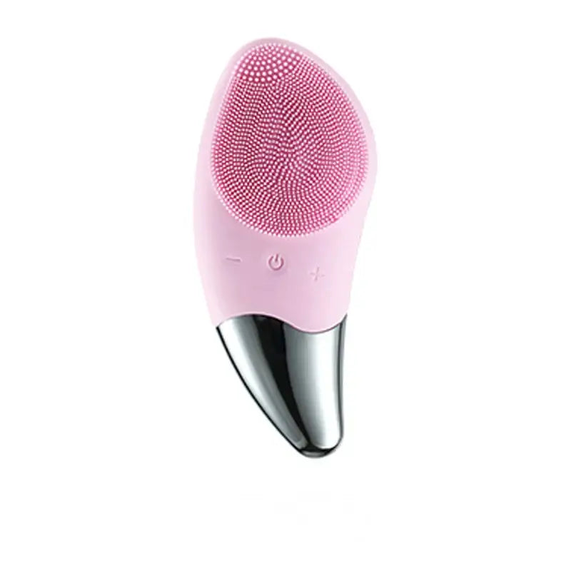 Pink facial cleansing brush with a silver metallic base.