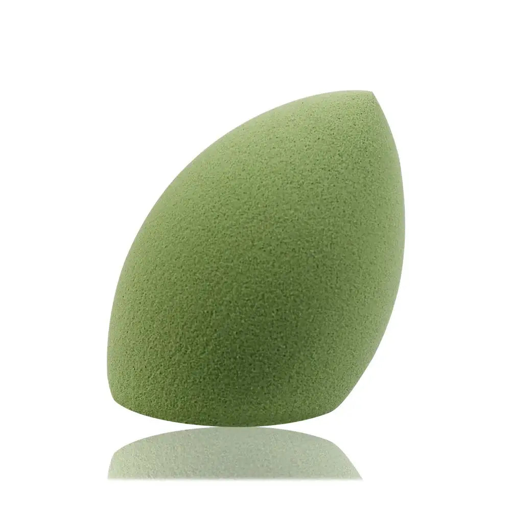 Green, egg-shaped makeup sponge or beauty blender.