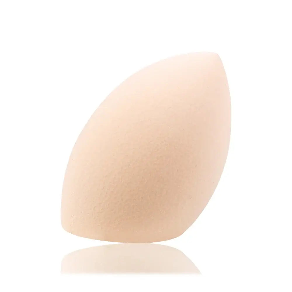 Teardrop-shaped makeup sponge or beauty blender in a pale beige color.