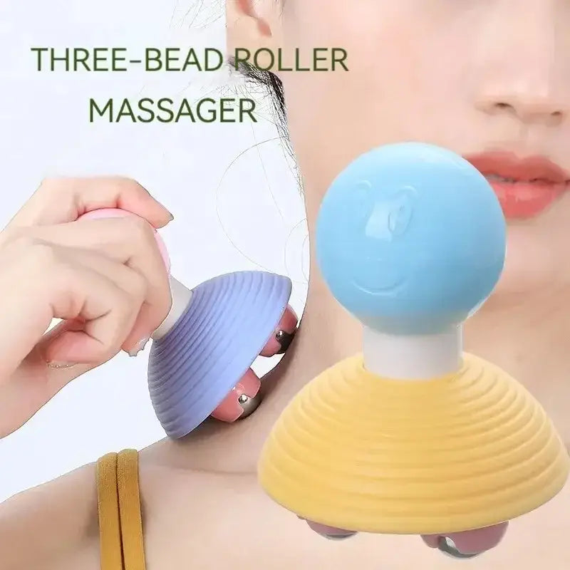 Three-bead roller massager with a blue spherical top, yellow ribbed base, and purple handle.