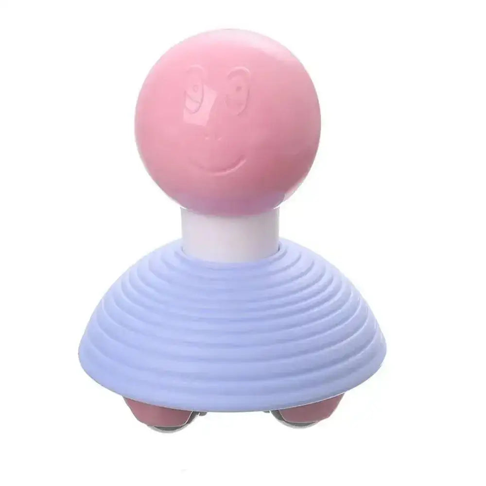 Pink-headed, lavender-bodied massage tool with a smiling face and three feet.