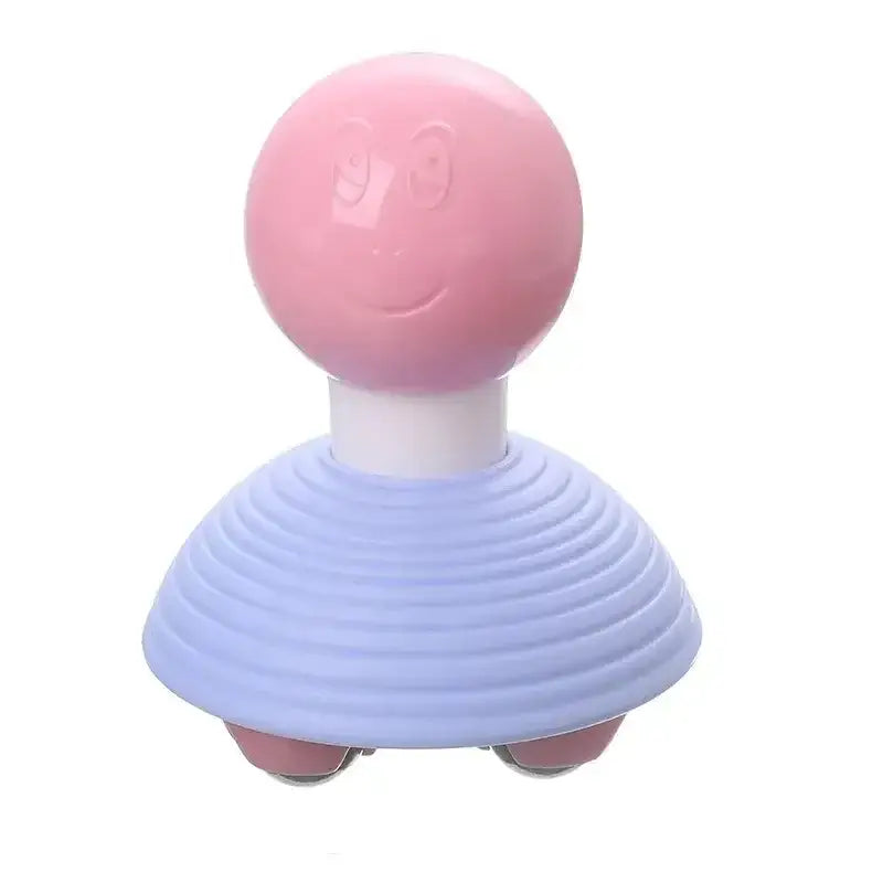 Pink-headed massage tool with a light blue ribbed base and small feet.