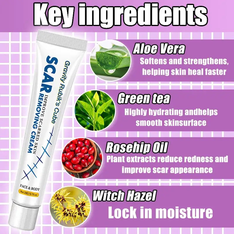 Tube of scar treatment cream with key ingredients listed.