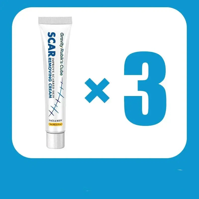 Tube of Scar treatment cream labeled ’SCAR’ with a multiplication sign and number 3 beside it.