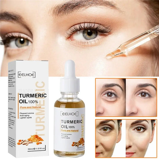 Bottle of turmeric oil skincare product with before-and-after eye area comparison images.