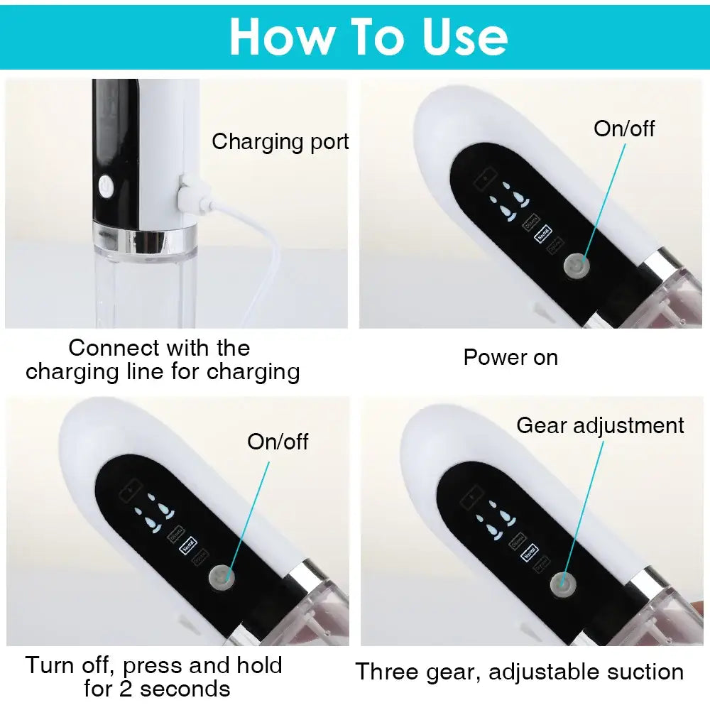 Handheld electronic device with a charging port and adjustable settings for suction.