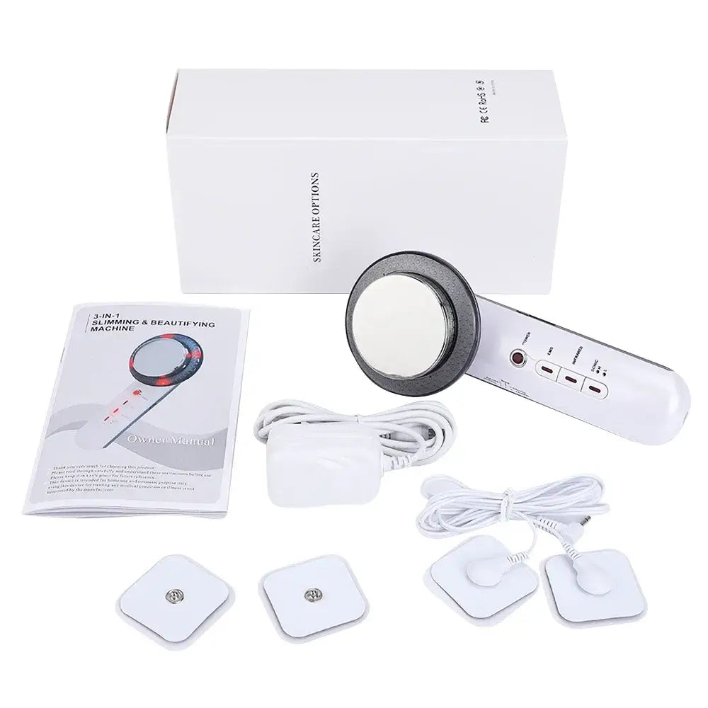 Ultrasonic cavitation device for body contouring with accompanying accessories and manual.