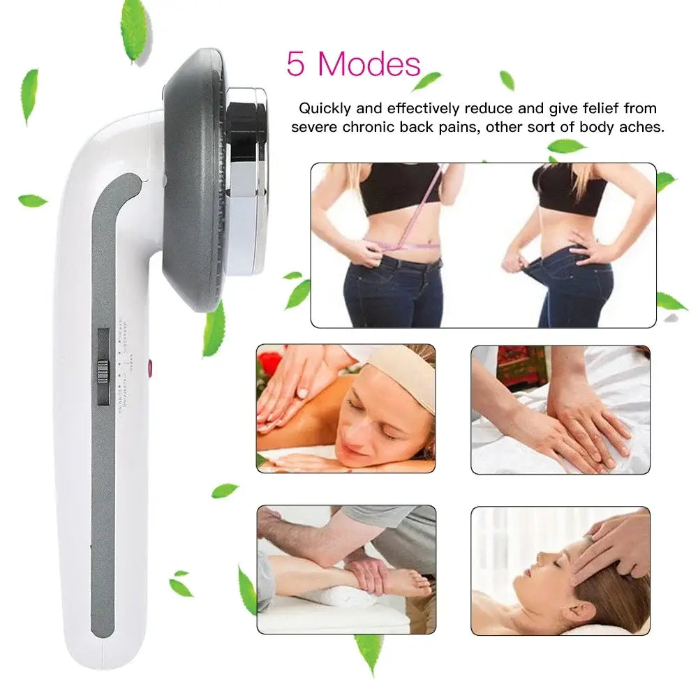 Handheld electronic massage device with a curved handle and circular head.