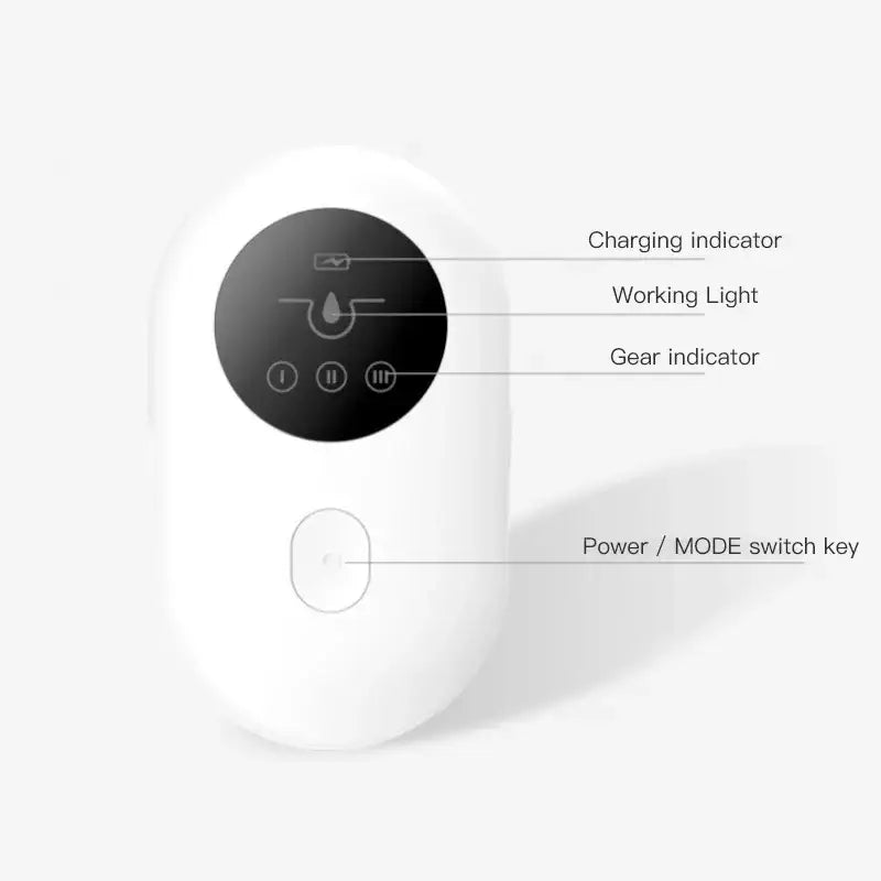 Egg-shaped white electronic device with a circular black display panel showing various indicators and a power button.