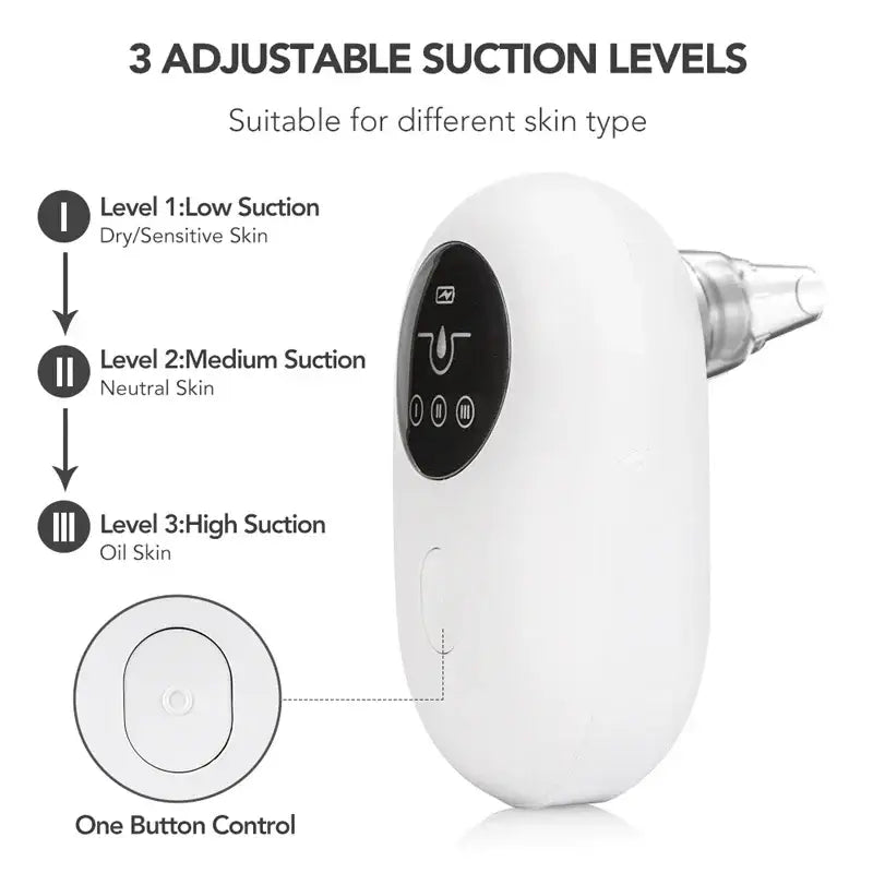 Handheld electronic skin pore cleaner device with adjustable suction levels.