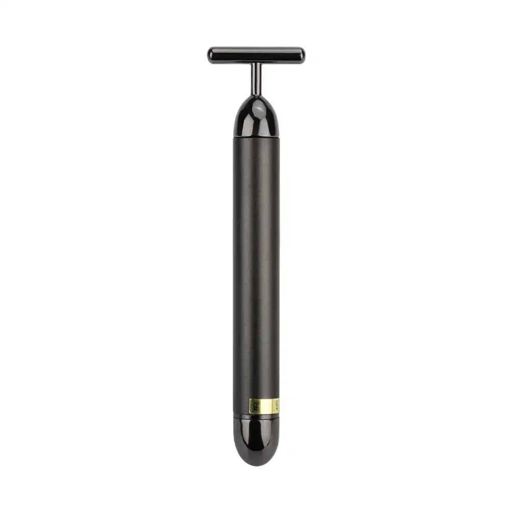 Sleek black metal facial massage roller with a T-shaped handle.