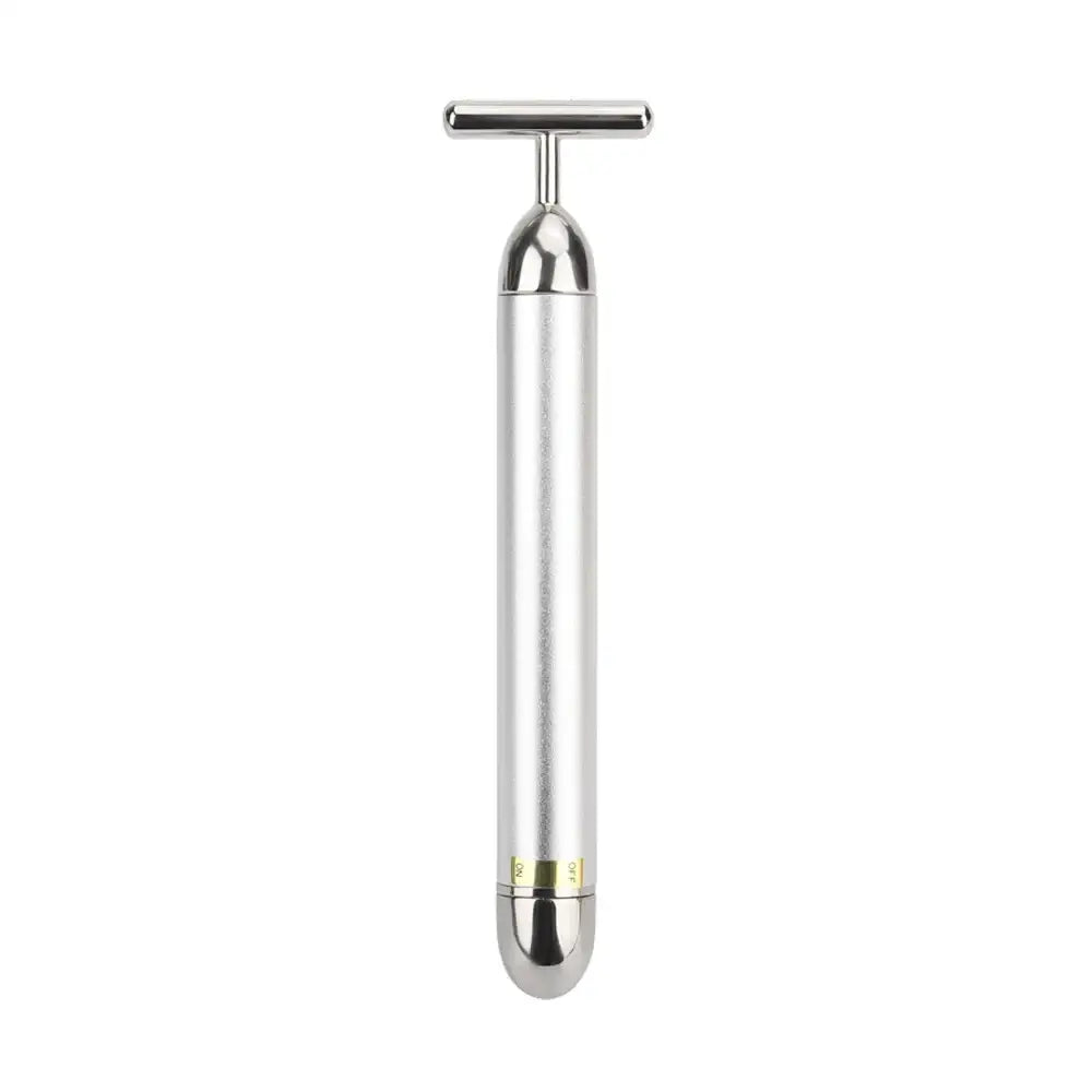 Sleek, silver facial massage roller with a T-shaped handle.