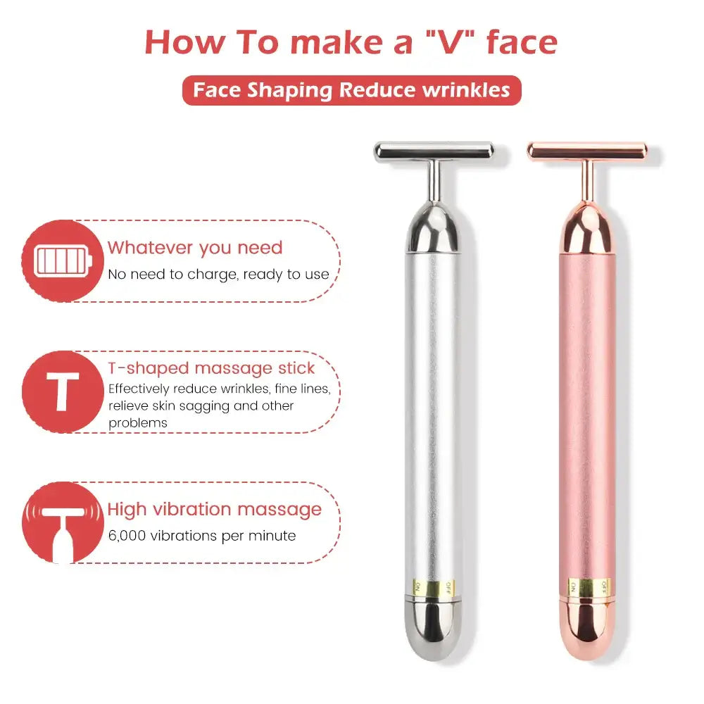 T-shaped facial massage device in silver and rose gold colors.