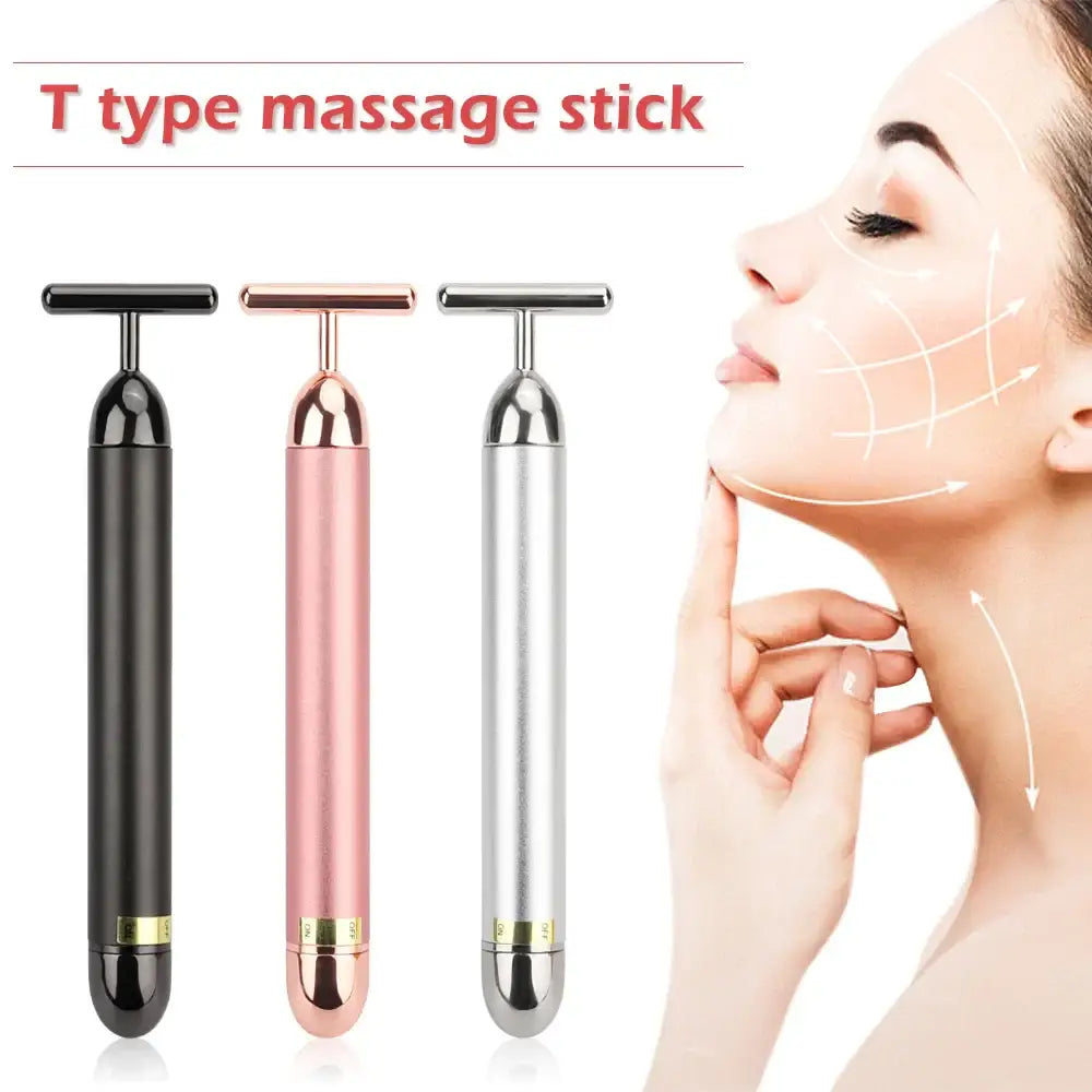 T-shaped massage sticks in black, rose gold, and silver colors.