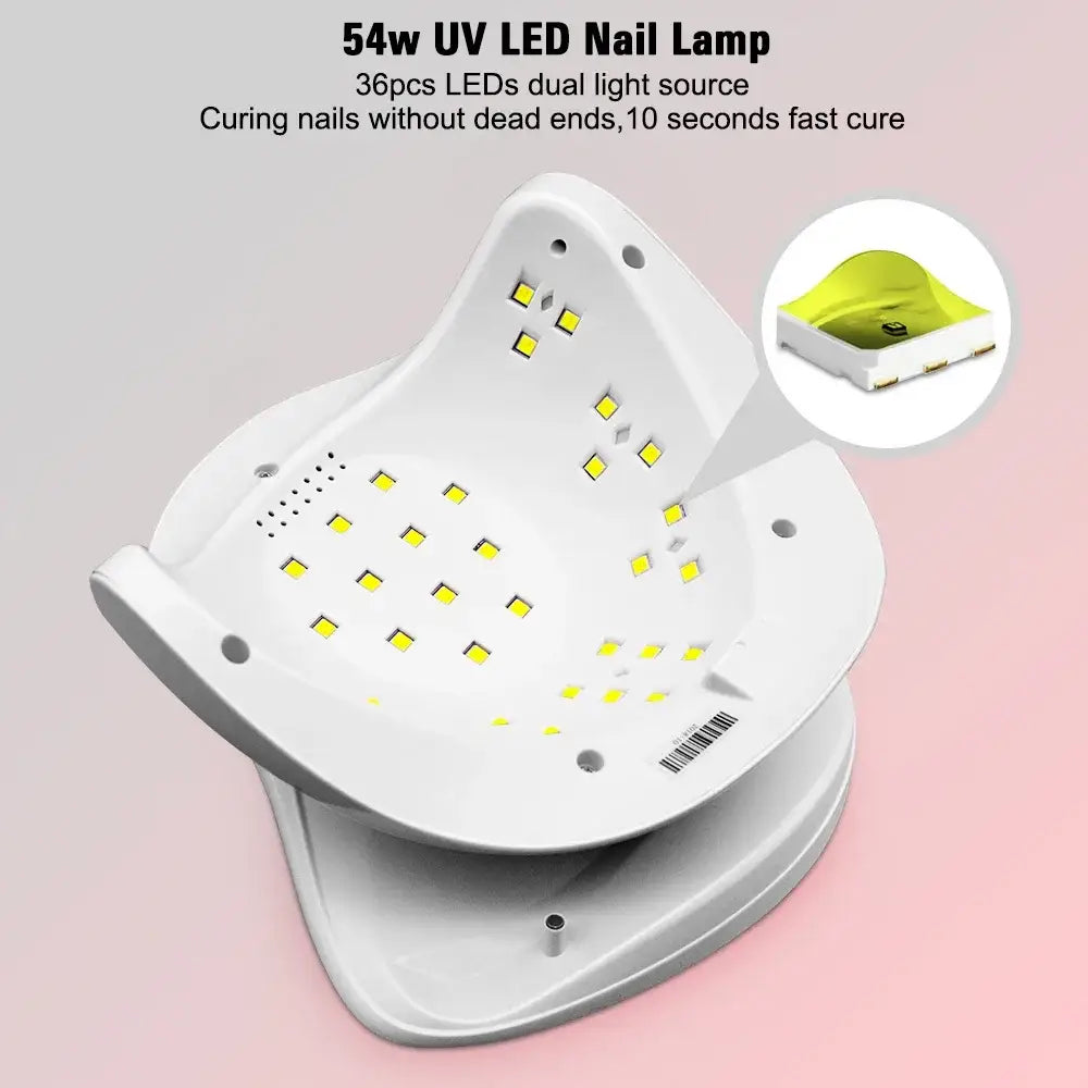 UV LED nail lamp with multiple small light sources arranged in a curved, white plastic housing.