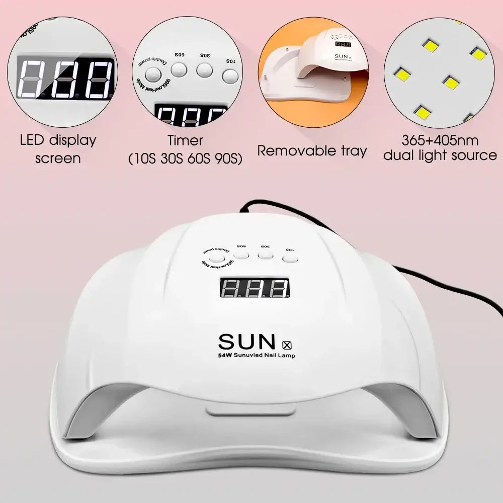 UV LED nail lamp for curing gel polish with digital display and timer settings.