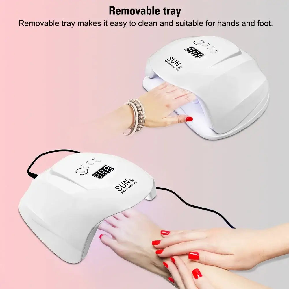 UV nail lamp with a removable tray for drying nail polish on hands and feet.