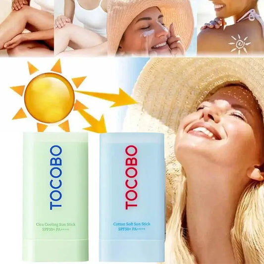 Collage of sun protection and skincare images featuring sunscreen products and people enjoying sunny weather.