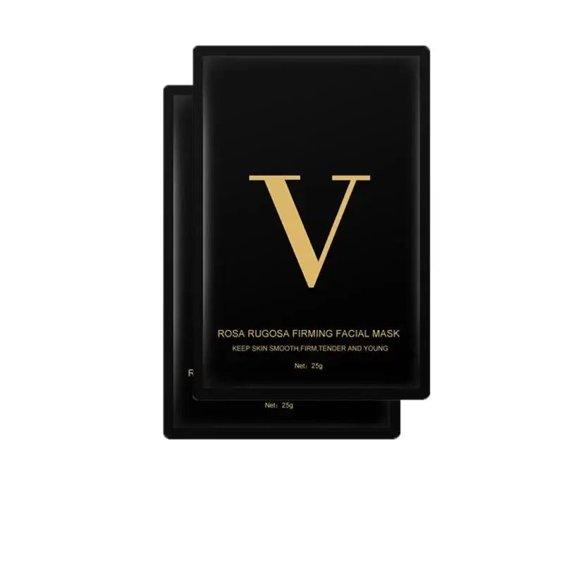 Black facial mask packet with a gold ’V’ logo and product name.