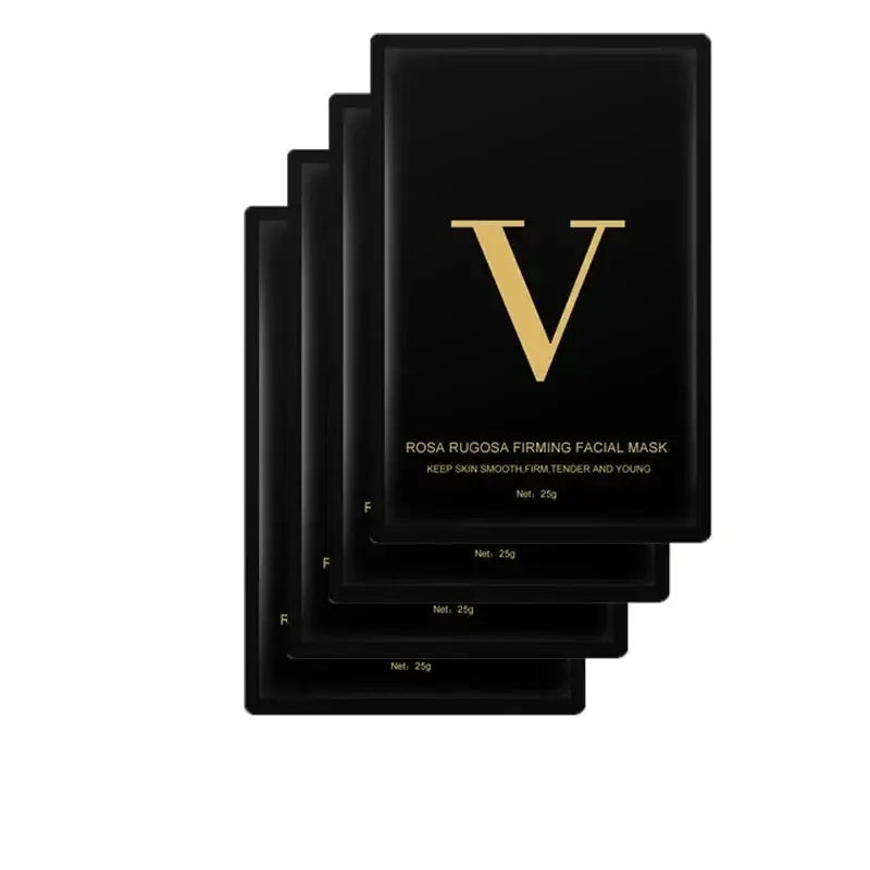 Black facial mask packets with a gold ’V’ logo and product details.